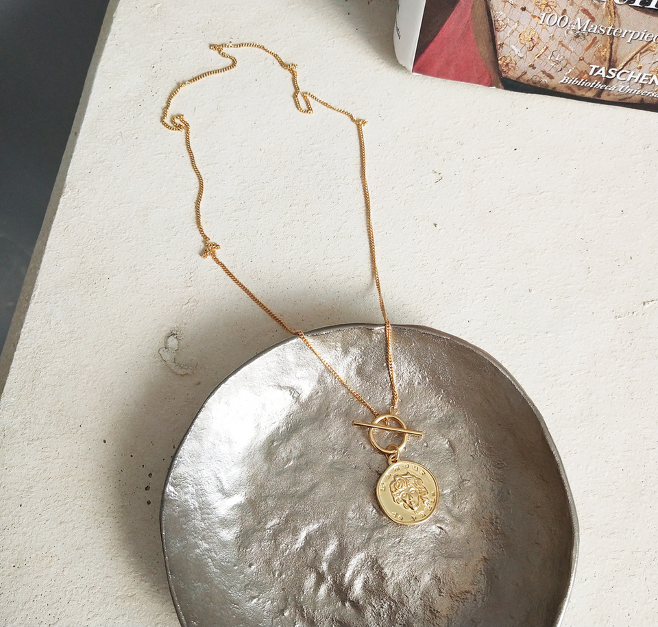 Serene Gold Tone Coin Toggle Vermeil Necklace
