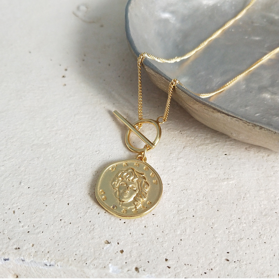 Serene Gold Tone Coin Toggle Vermeil Necklace