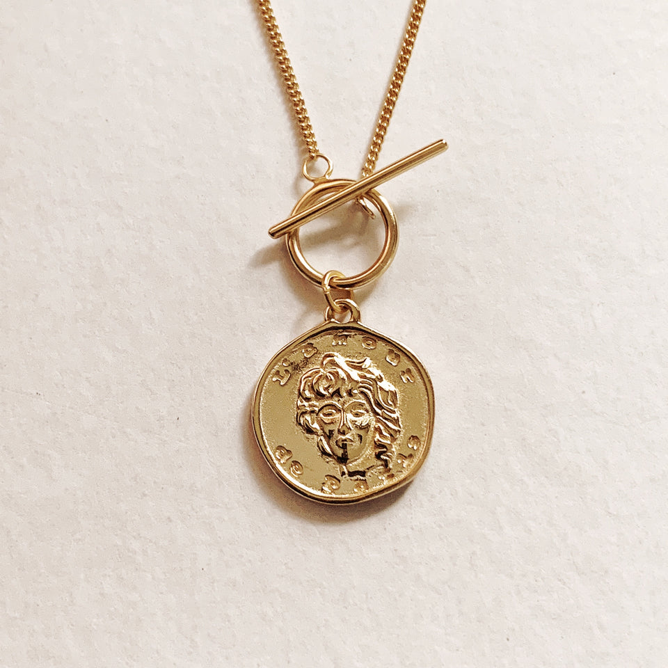 Serene Gold Tone Coin Toggle Vermeil Necklace